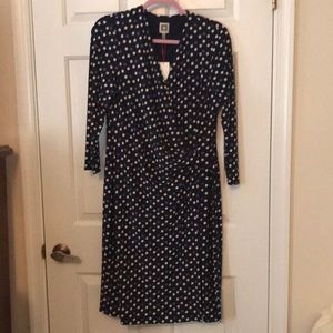 Anne Klein long sleeve wrap dress navy blue polka dot
